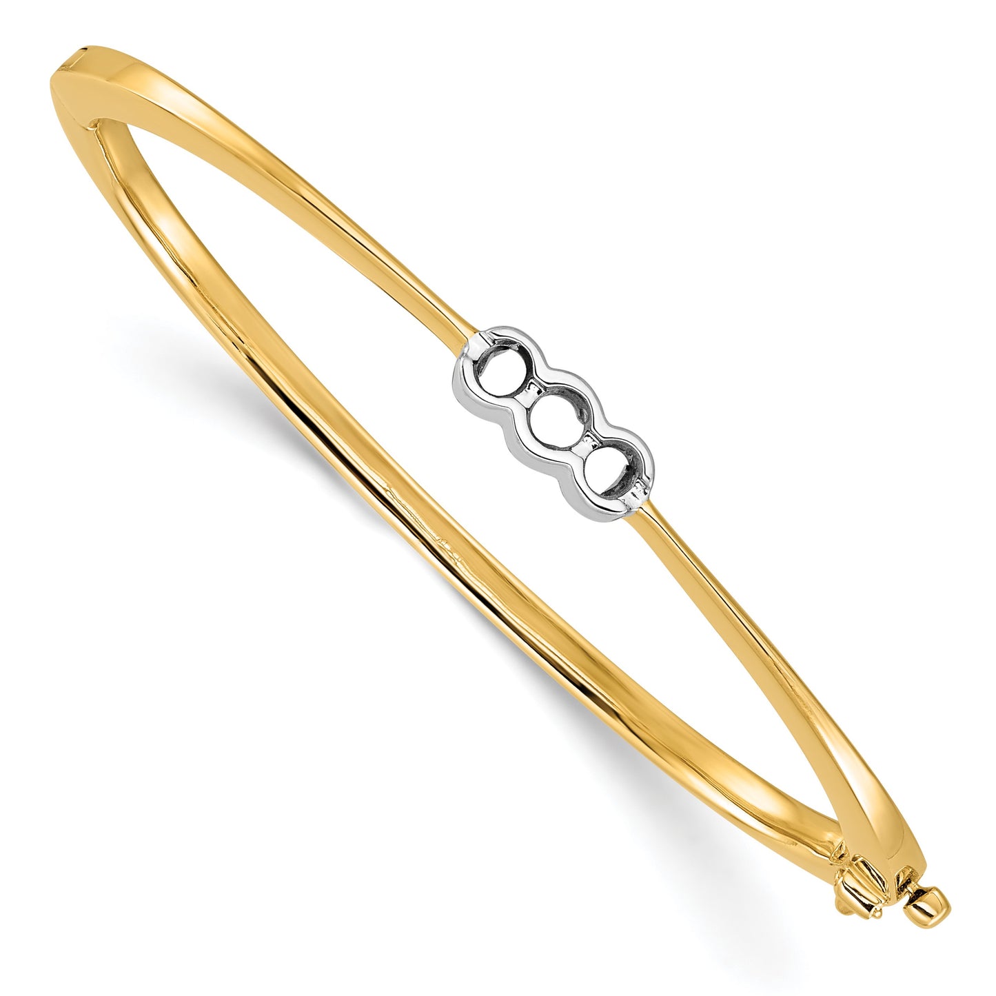 14k Two-tone Holds 1/2 carat 1-3.8mm and 2-3.4mm Round Stones Hinged Oval Bangle Bracelet Mounting