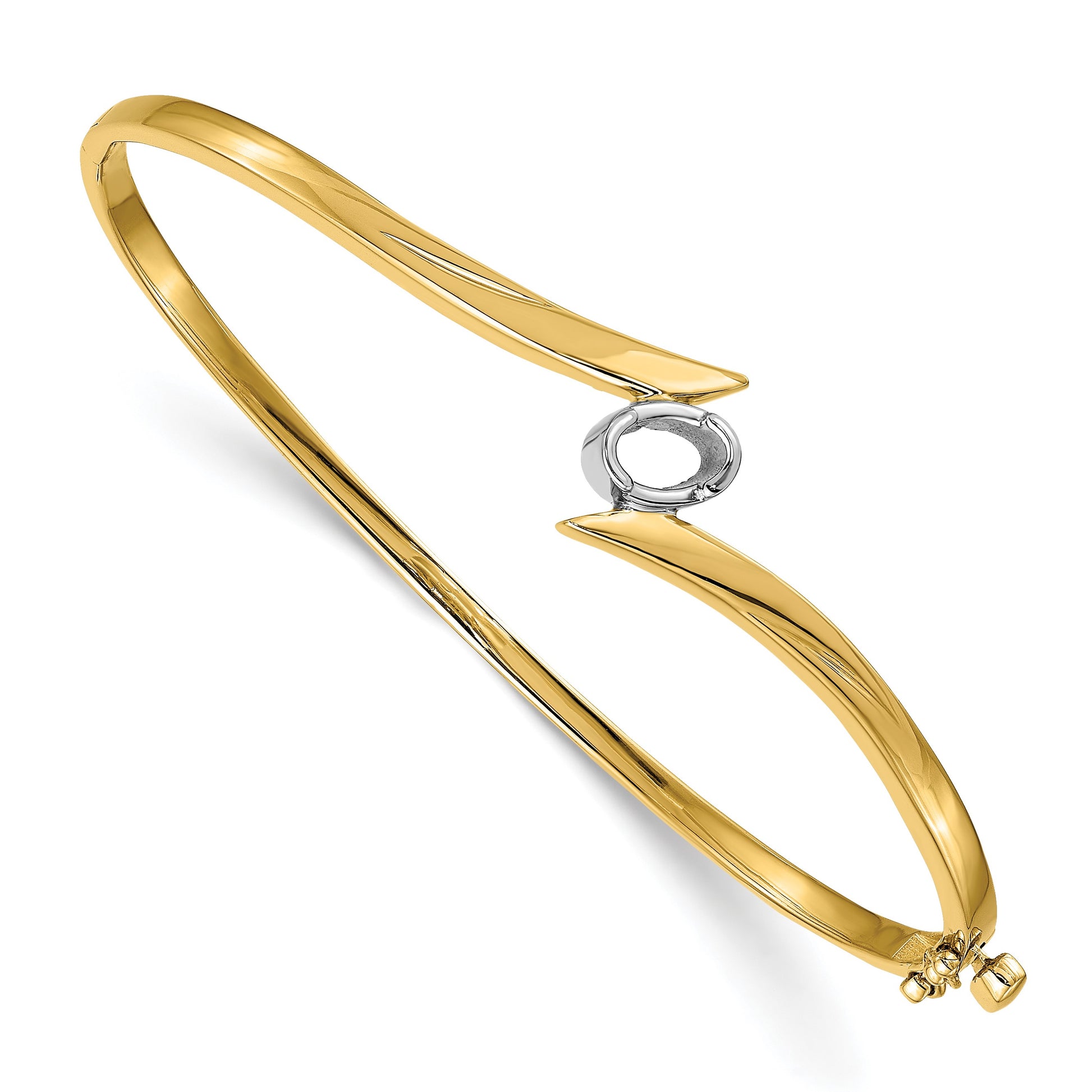 14k Two-tone Holds 3/8 carat 6x4mm Oval Stone Hinged Oval Bangle Bracelet Mounting