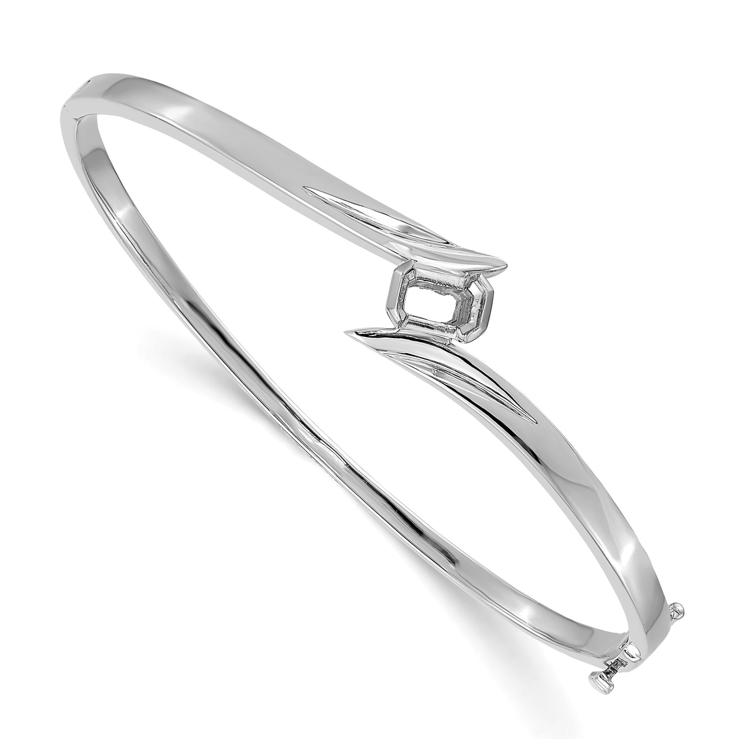 14k White Gold Holds 3/4 carat 6x4mm Emerald-cut Stone Hinged Oval Bangle Bracelet Mounting