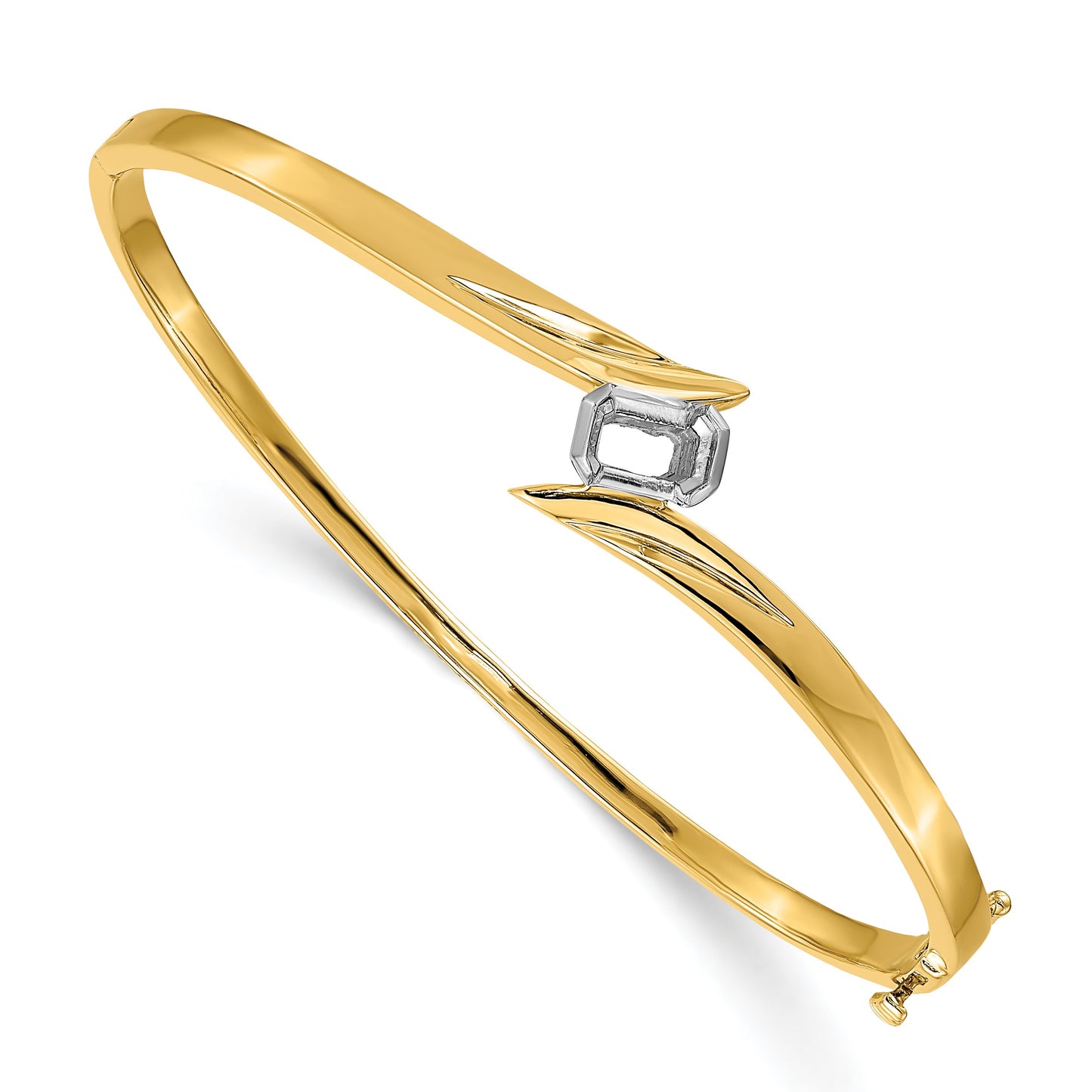 14k Two-tone Holds 3/4 carat 6x4mm Emerald-cut Stone Hinged Oval Bangle Bracelet Mounting