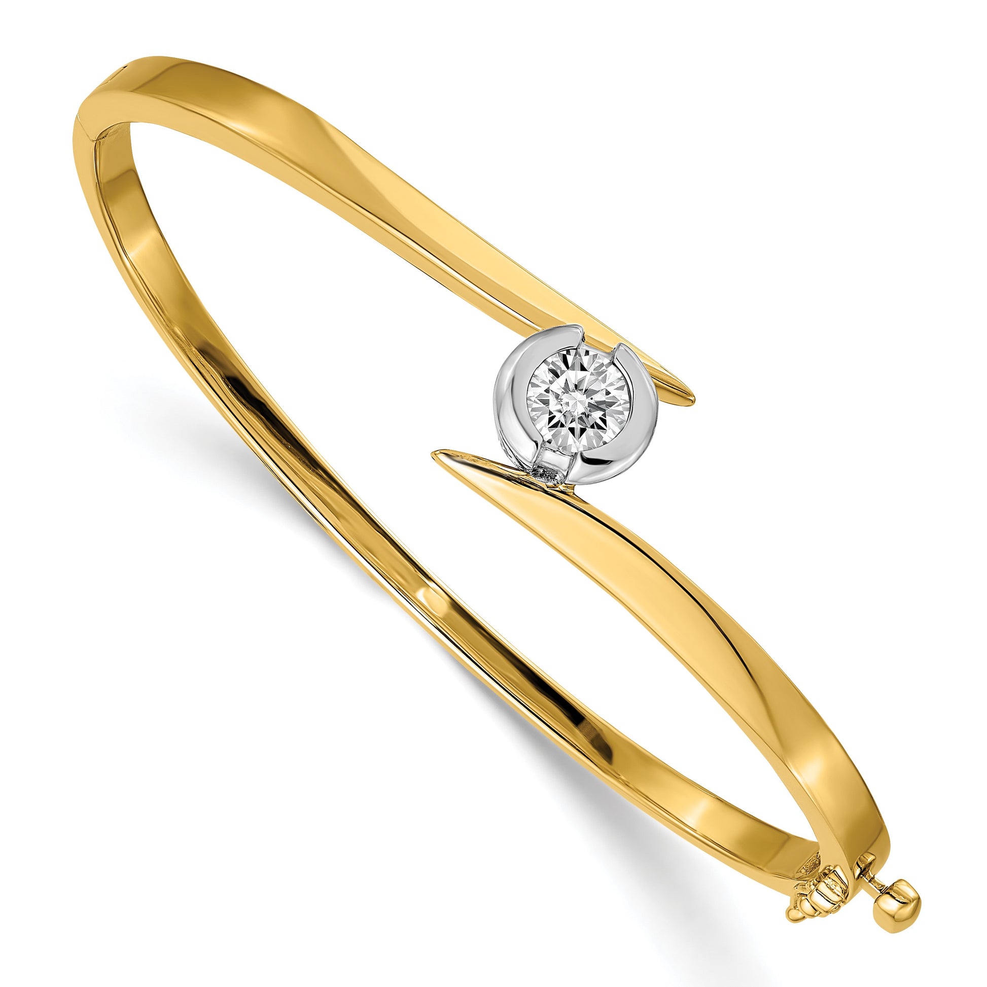 14k Two-tone Holds 1 carat 5.75mm Round Stone Hinged Oval Bangle Bracelet Mounting