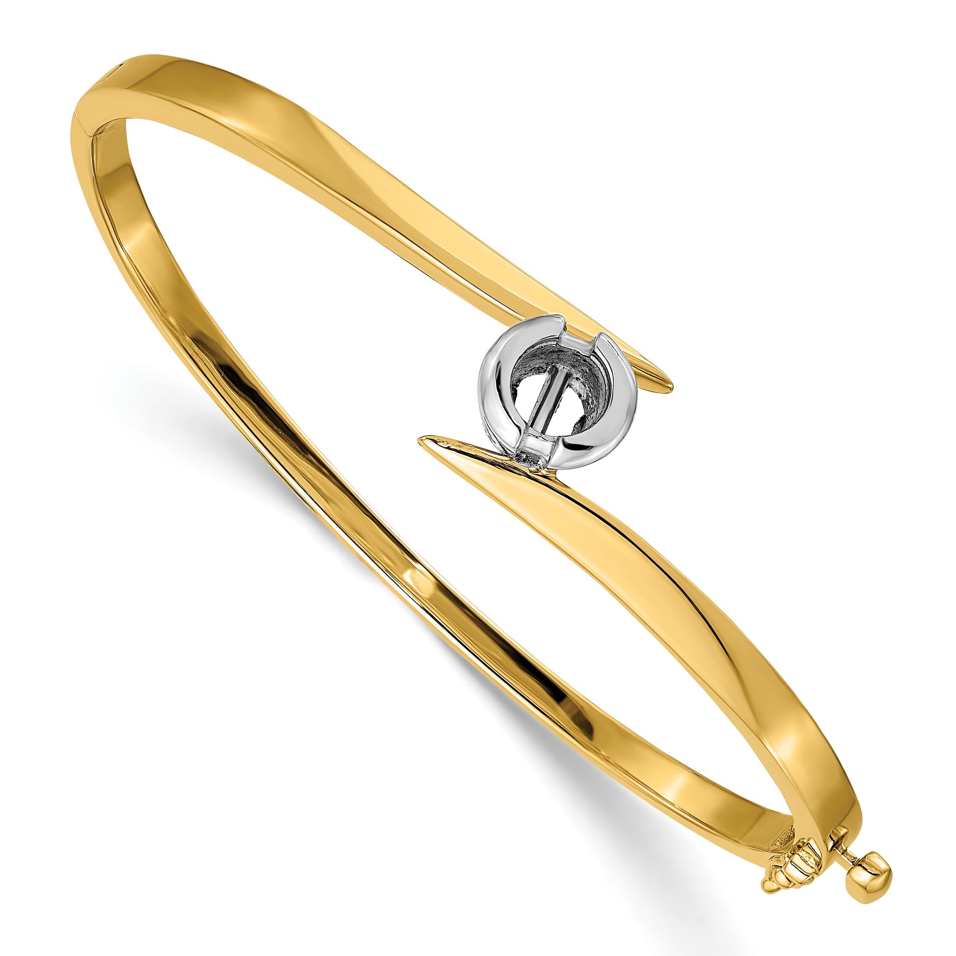 14k Two-tone Holds 1 carat 5.75mm Round Stone Hinged Oval Bangle Bracelet Mounting