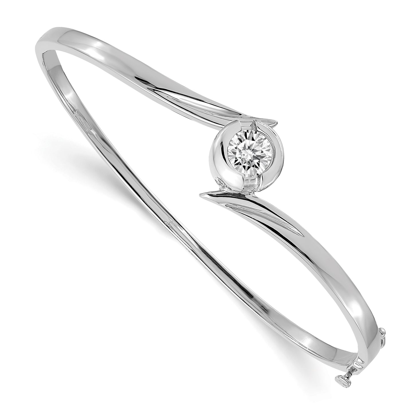 14k White Gold Holds 1 carat 6.5mm Round Stone Hinged Oval Bangle Bracelet Mounting