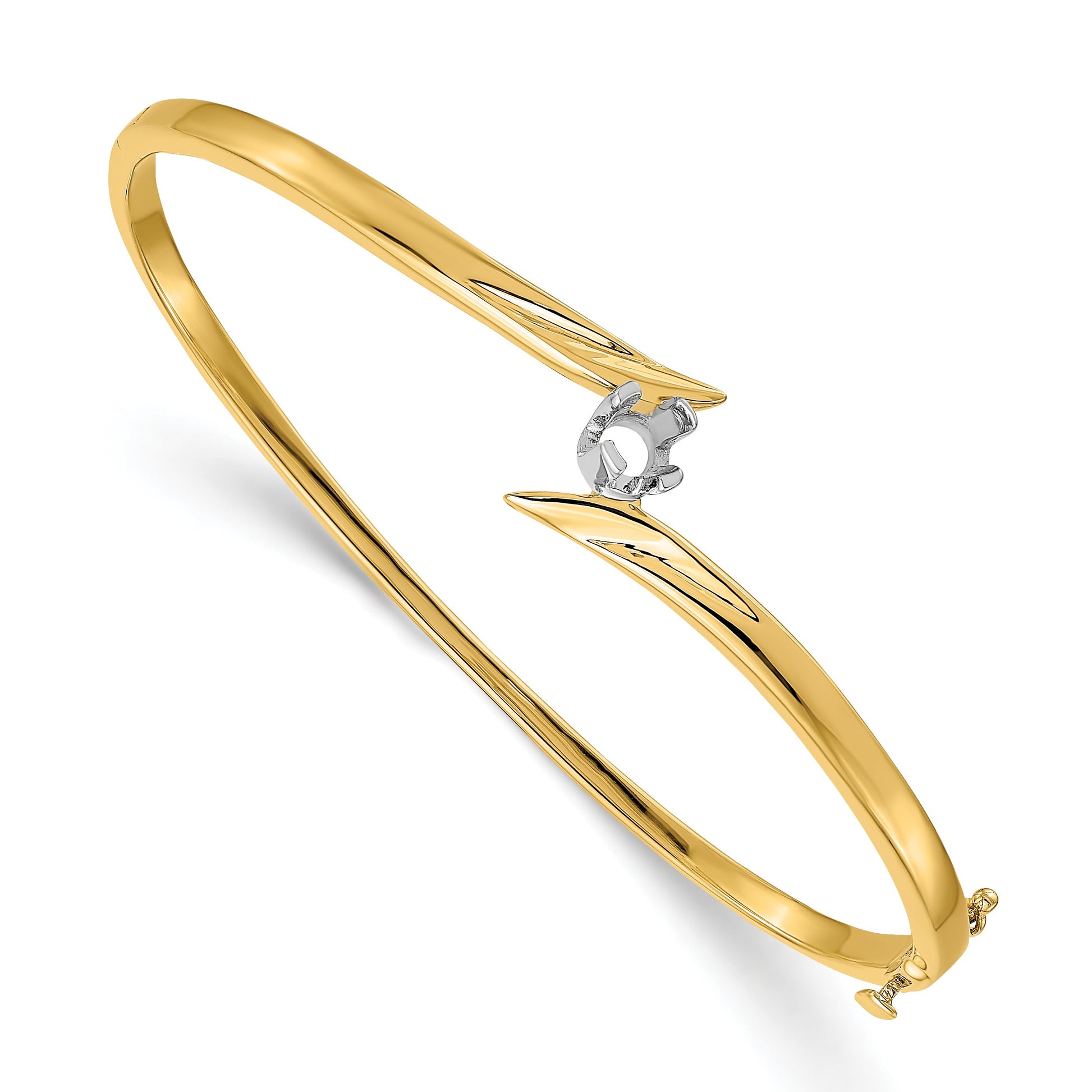 14k Two-tone Holds 1/4 carat 4.0mm Round Stone Hinged Oval Bangle Bracelet Mounting