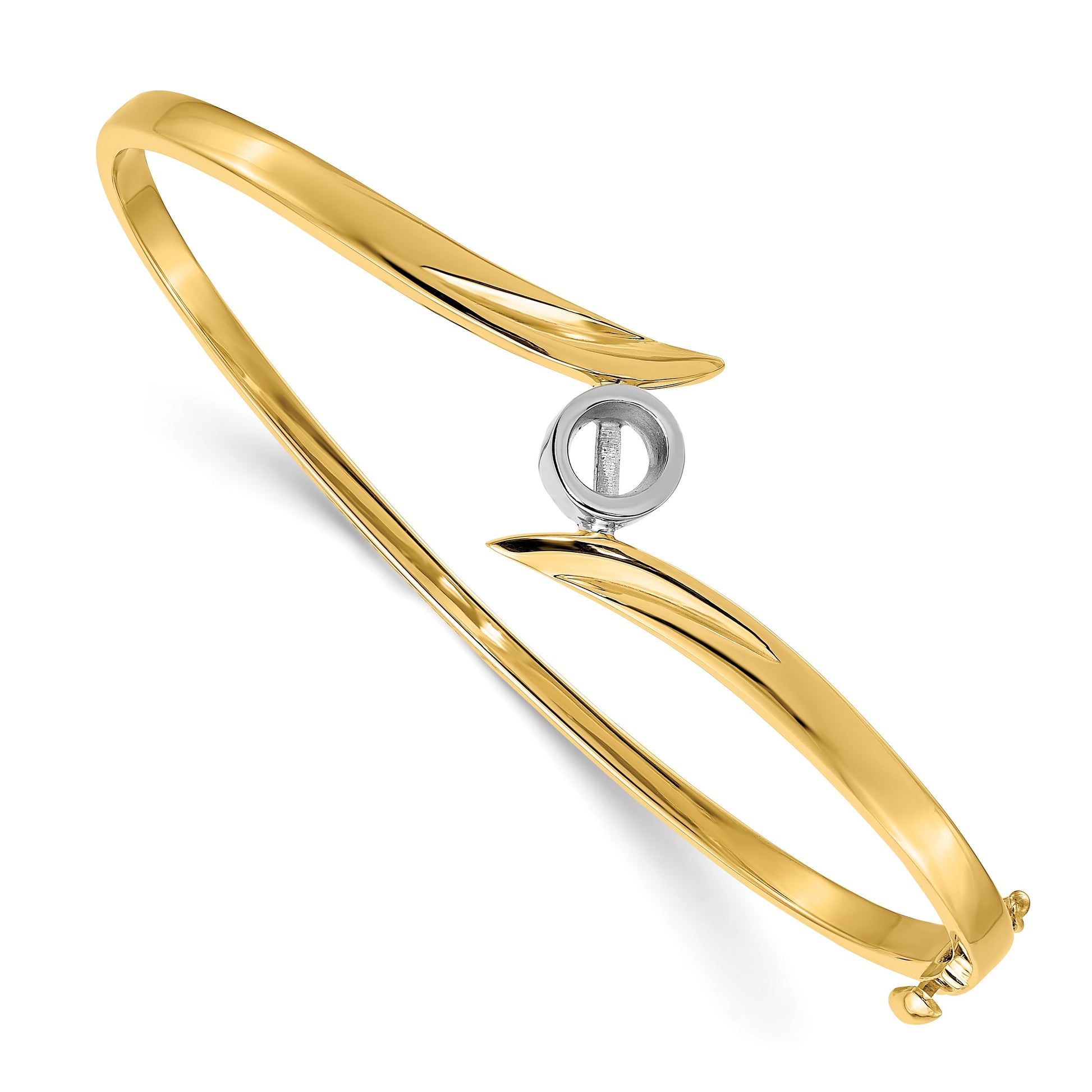 14k Two-tone Holds 1/2 carat 5.0mm Round Stone Hinged Oval Bangle Bracelet Mounting
