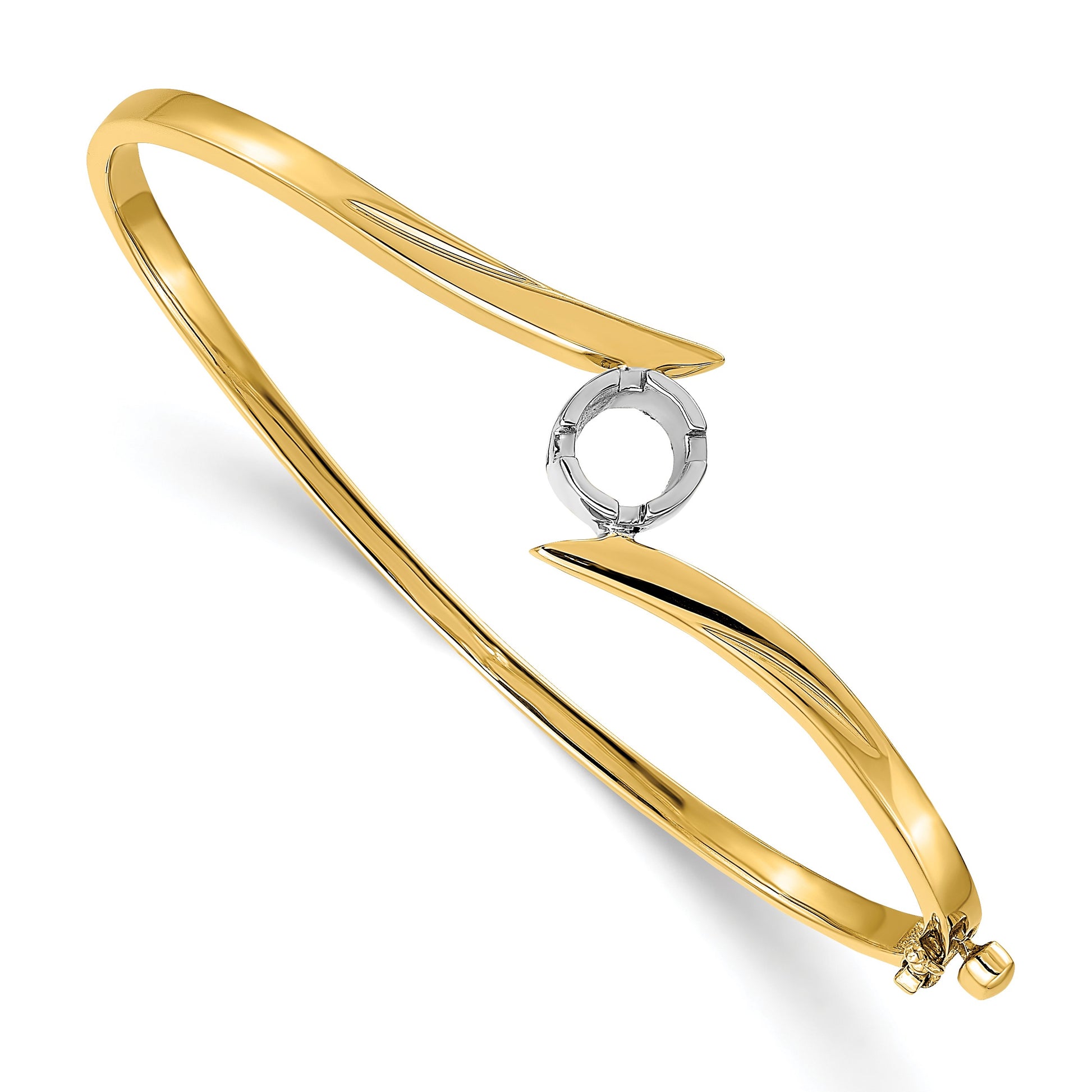 14k Two-tone Holds 3/4 carat 5.75mm Round Stone Hinged Oval Bangle Bracelet Mounting