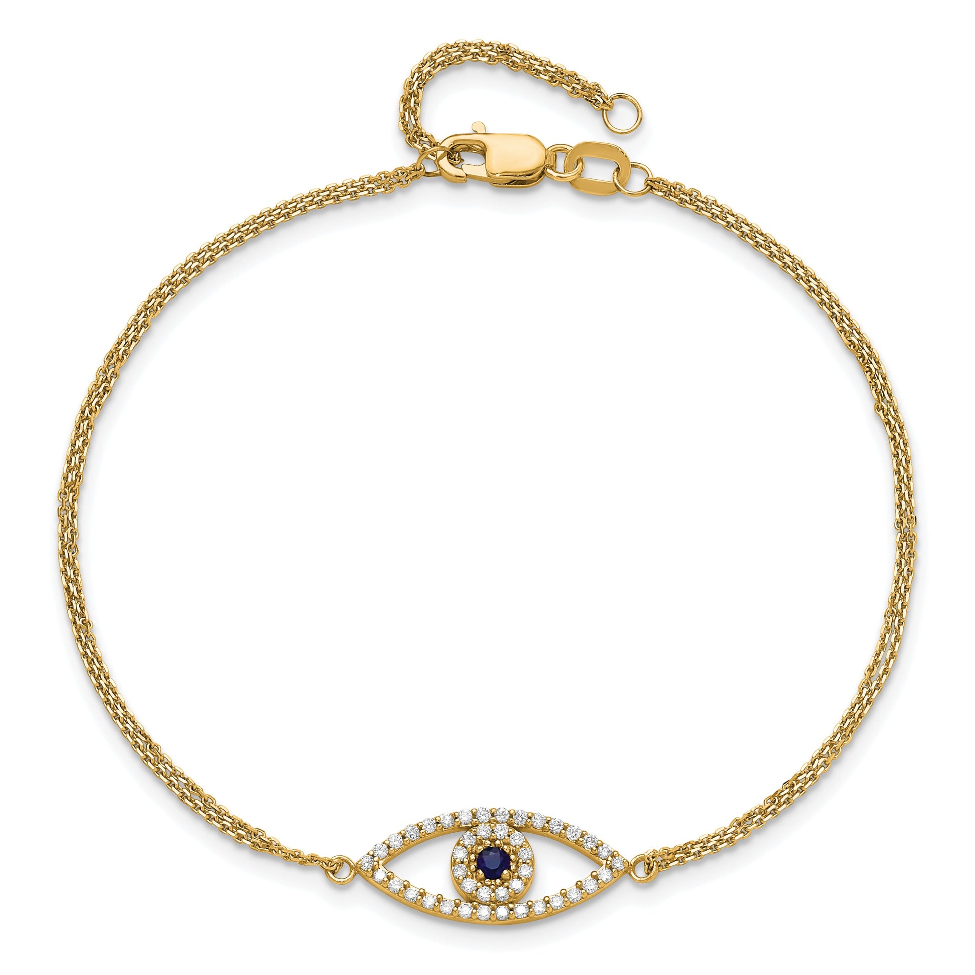 14k Complete A Diamond and Sapphire Evil Eye 2-Strand 7 inch Bracelet with 1 inch Extender