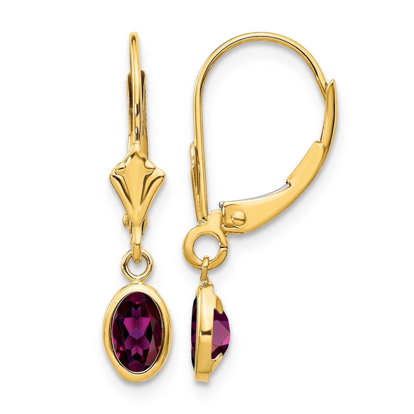 14k 6x4 Oval Bezel June/Rhodolite Garnet Leverback Earrings