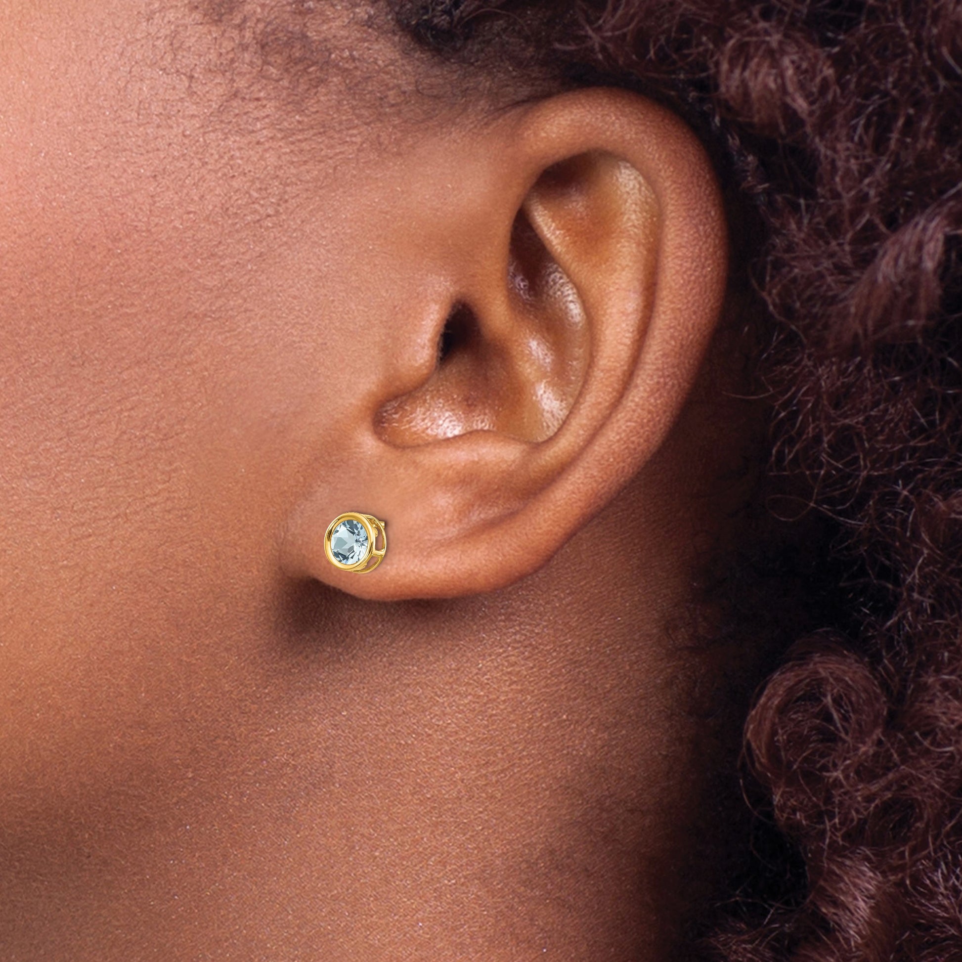 14k 5mm Round Bezel March/Aquamarine Post Earrings