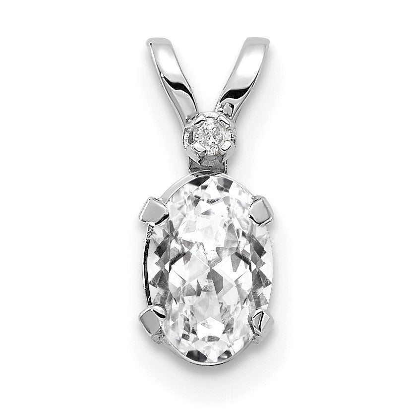 14K White Gold Diamond and 6x4 Oval April/White Topaz Birthstone Pendant