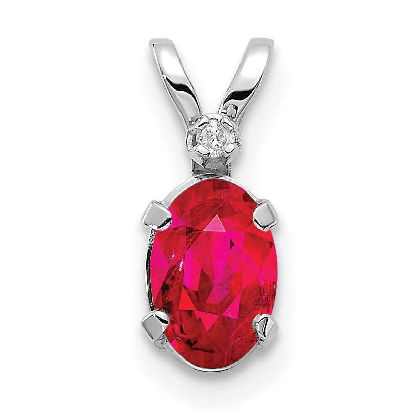 14K White Gold Diamond and 6x4 Oval July/Ruby Birthstone Pendant