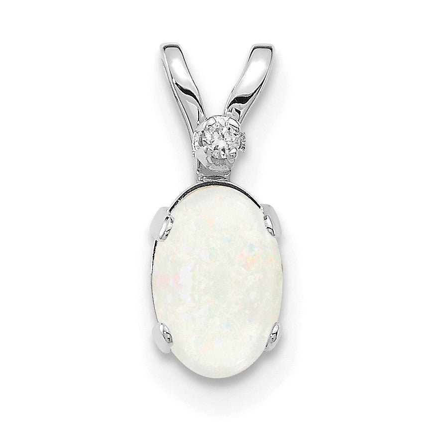 14K White Gold Diamond and 6x4 Oval October/Opal Birthstone Pendant