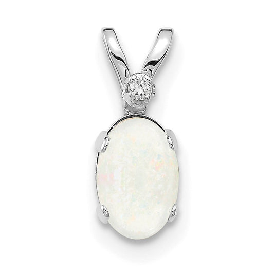 14K White Gold Diamond and 6x4 Oval October/Opal Birthstone Pendant