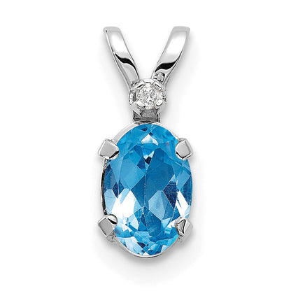 14K White Gold Diamond and 6x4 Oval December/Blue Topaz Birthstone Pendant