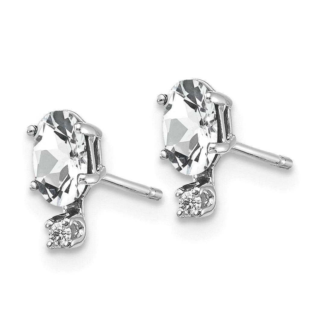 14K White Gold Diamond and 5x3 Oval April/White Topaz Birthstone Earrings