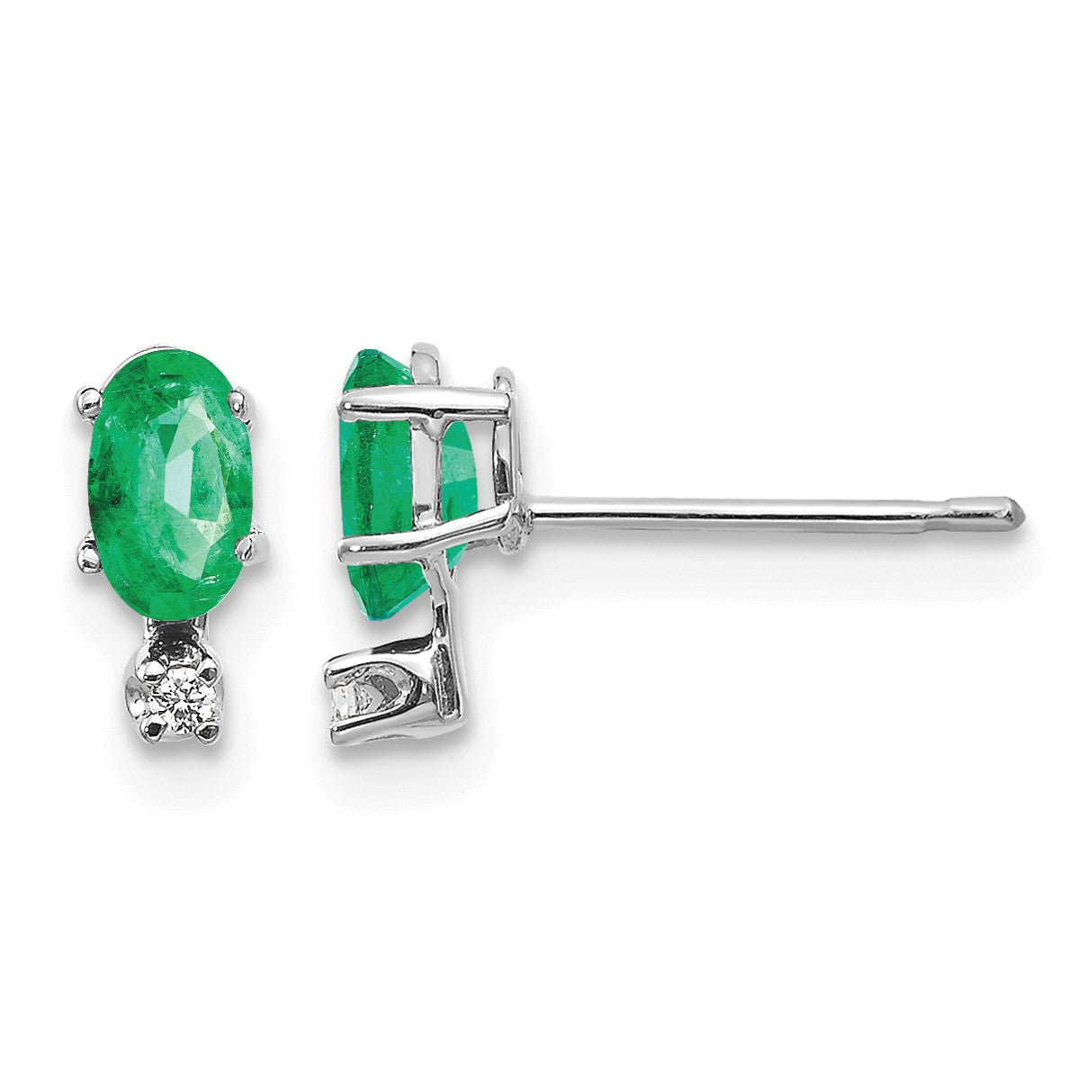 14K White Gold Diamond and 5x3 Oval May/Emerald Birthstone Earrings