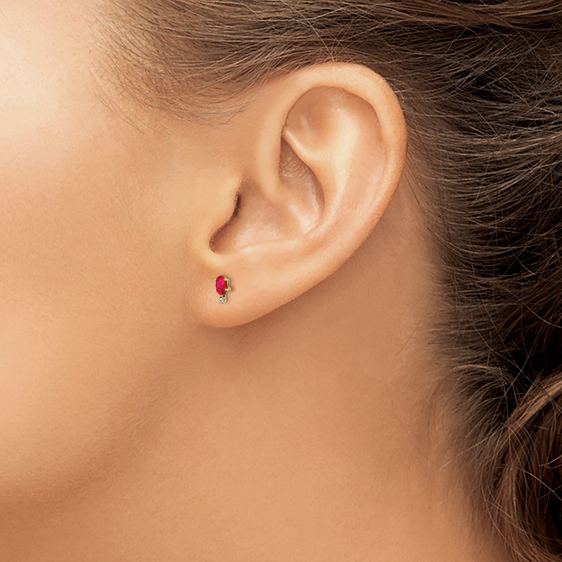 14k Diamond and 5x3 Oval July/Ruby Birthstone Earrings