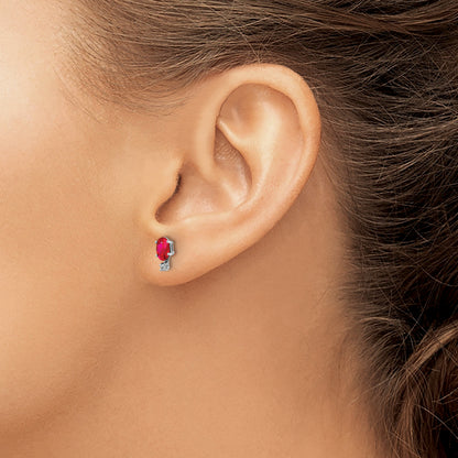 14K White Gold Diamond and 5x3 Oval July/Ruby Birthstone Earrings