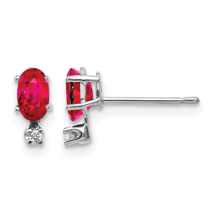 14K White Gold Diamond and 5x3 Oval July/Ruby Birthstone Earrings