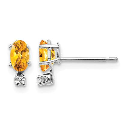 14K White Gold Diamond and 5x3 Oval November/Citrine Birthstone Earrings