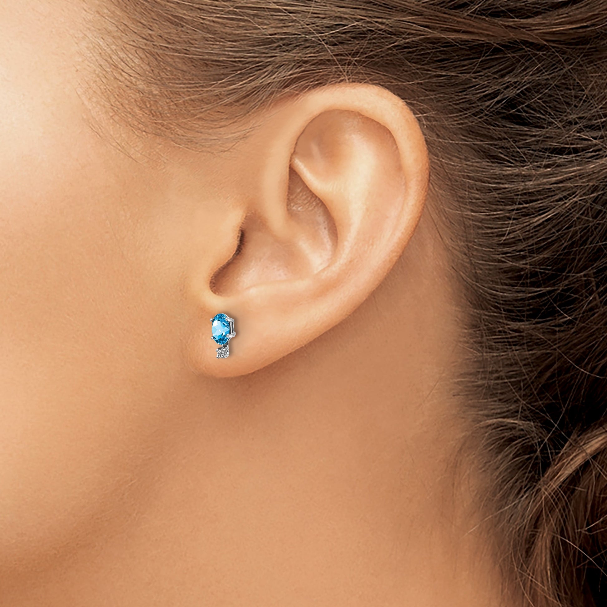 14K White Gold Diamond and 5x3 Oval December/Blue Topaz Birthstone Earrings