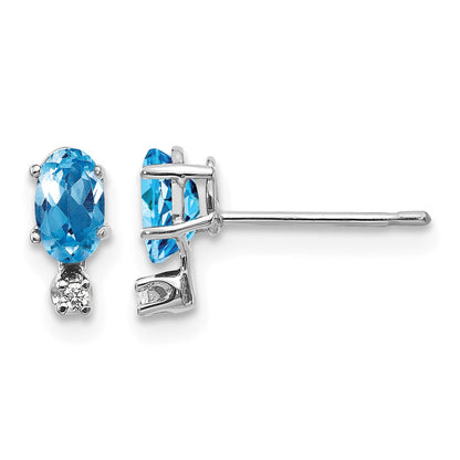14K White Gold Diamond and 5x3 Oval December/Blue Topaz Birthstone Earrings