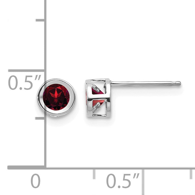 14k White Gold 4mm Round Bezel January/Garnet Post Earrings