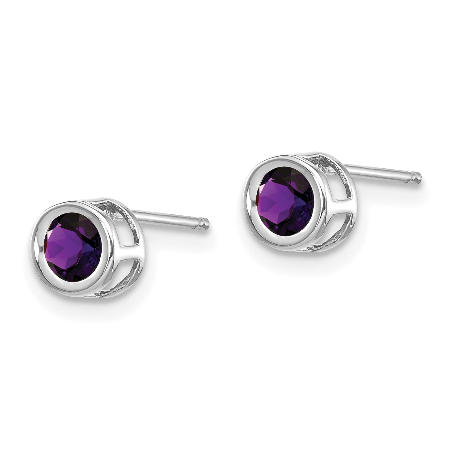 14k White Gold 4mm Round Bezel February/Amethyst Post Earrings