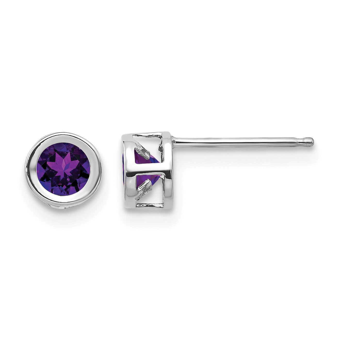 14k White Gold 4mm Round Bezel February/Amethyst Post Earrings