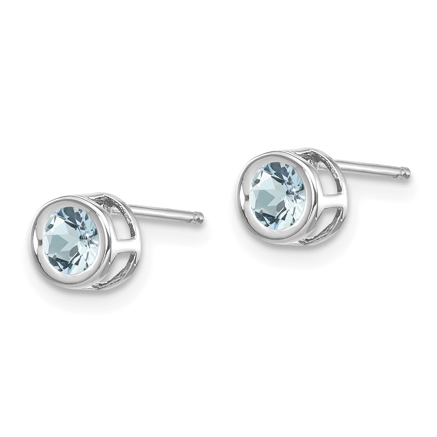 14k White Gold 4mm Round Bezel March/Aquamarine Post Earrings
