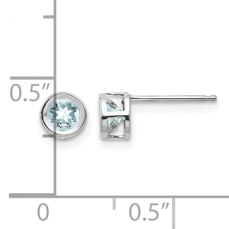 14k White Gold 4mm Round Bezel March/Aquamarine Post Earrings