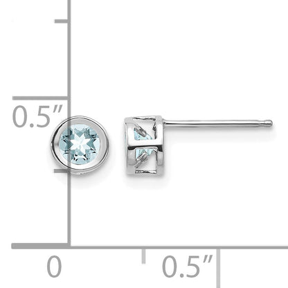 14k White Gold 4mm Round Bezel March/Aquamarine Post Earrings