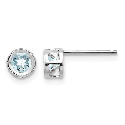 14k White Gold 4mm Round Bezel March/Aquamarine Post Earrings