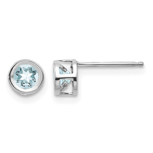 14k White Gold 4mm Round Bezel March/Aquamarine Post Earrings