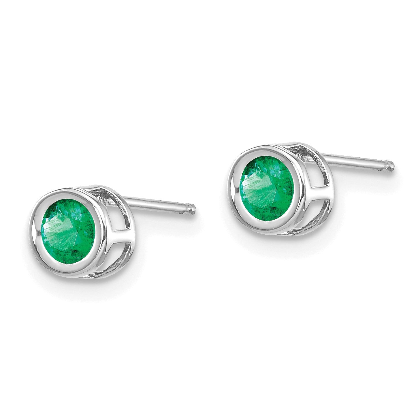 14k White Gold 4mm Round Bezel May/Emerald Post Earrings