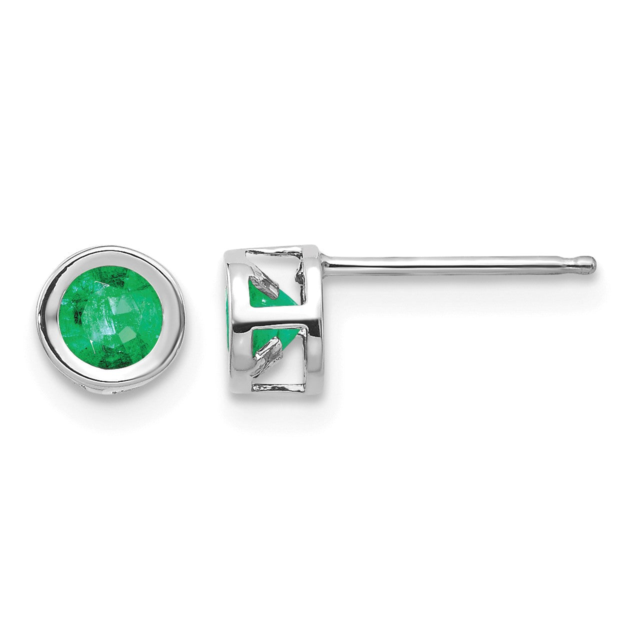 14k White Gold 4mm Round Bezel May/Emerald Post Earrings