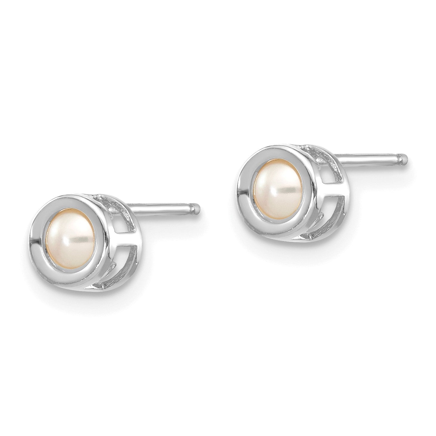 14k White Gold 4mm Round Bezel June/Freshwater Cultured Pearl Post Earrings