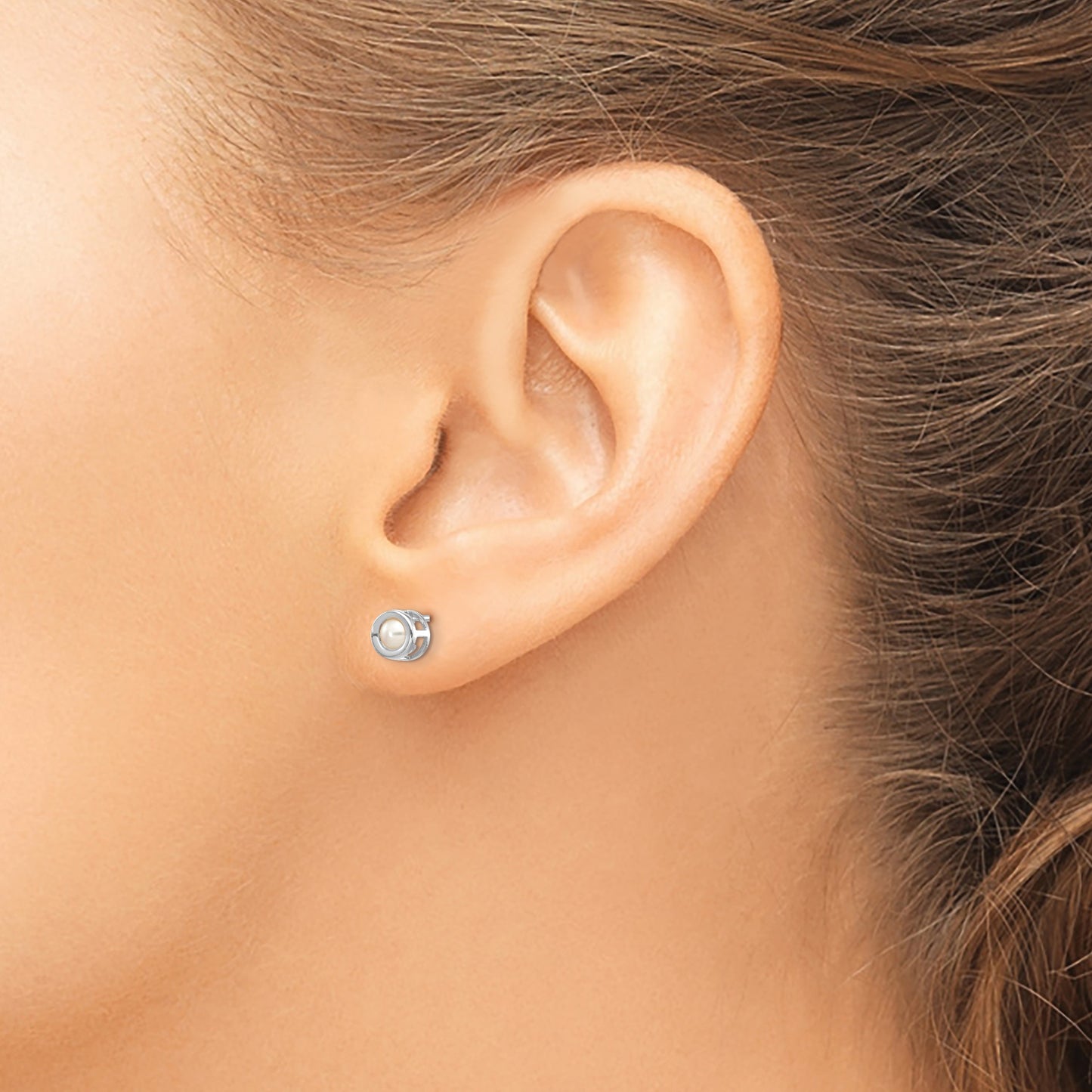 14k White Gold 4mm Round Bezel June/Freshwater Cultured Pearl Post Earrings
