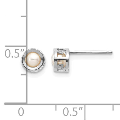 14k White Gold 4mm Round Bezel June/Freshwater Cultured Pearl Post Earrings