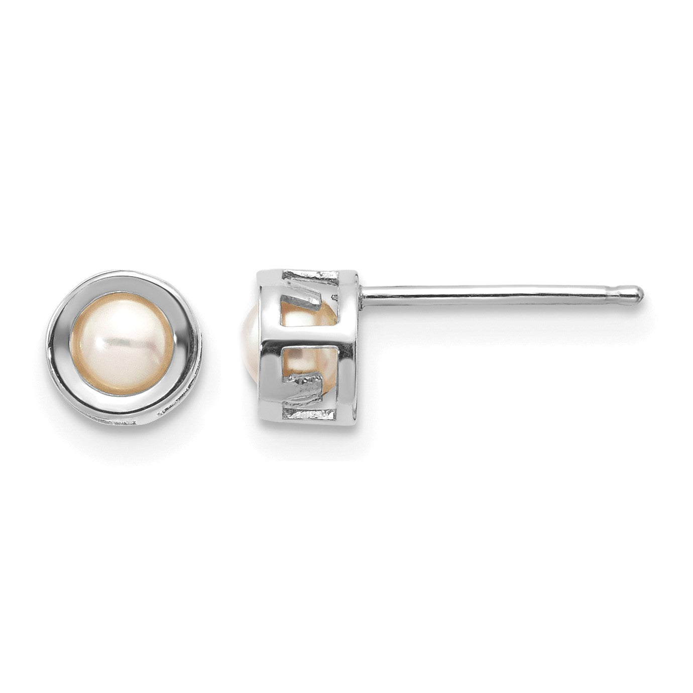 14k White Gold 4mm Round Bezel June/Freshwater Cultured Pearl Post Earrings