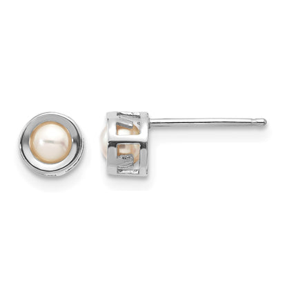 14k White Gold 4mm Round Bezel June/Freshwater Cultured Pearl Post Earrings