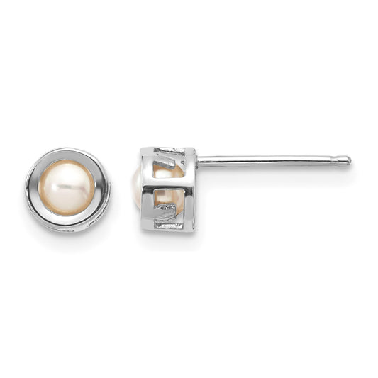 14k White Gold 4mm Round Bezel June/Freshwater Cultured Pearl Post Earrings