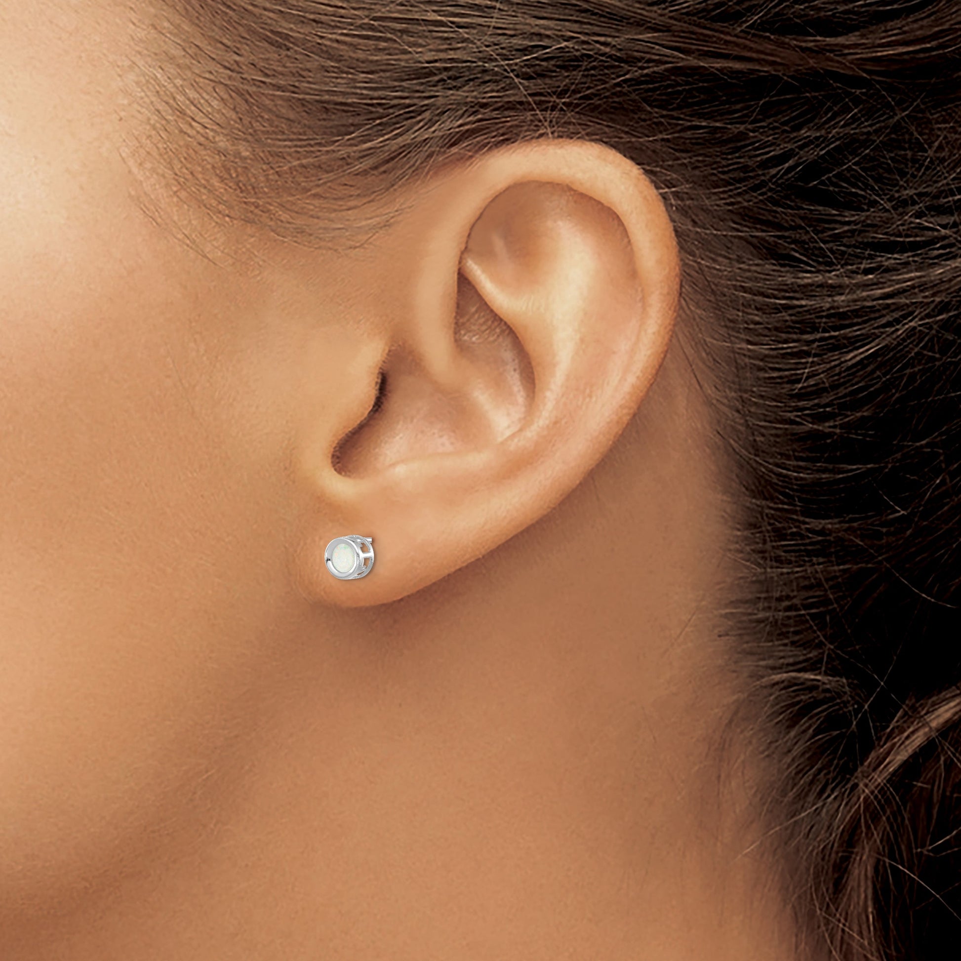 14k White Gold 4mm Round Bezel October/Opal Post Earrings