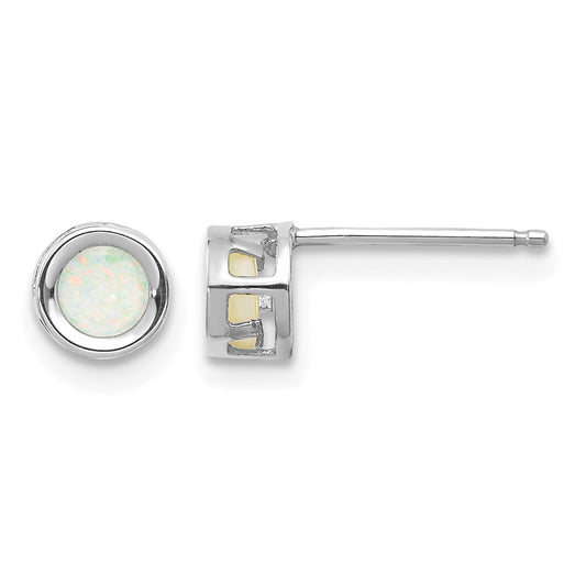 14k White Gold 4mm Round Bezel October/Opal Post Earrings