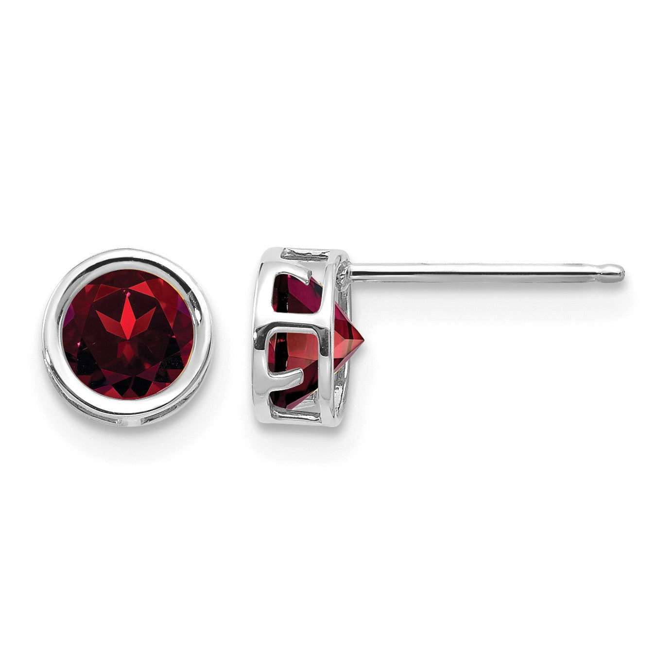 14k White Gold 5mm Round Bezel January/Garnet Post Earrings