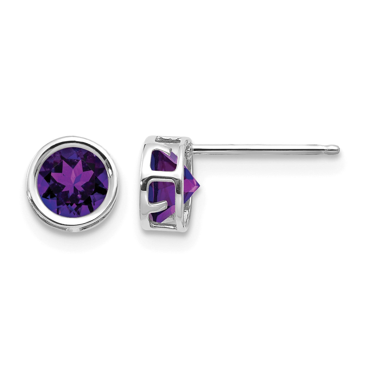 14k White Gold 5mm Round Bezel February/Amethyst Post Earrings