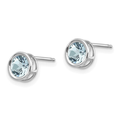 14k White Gold 5mm Round Bezel March/Aquamarine Post Earrings