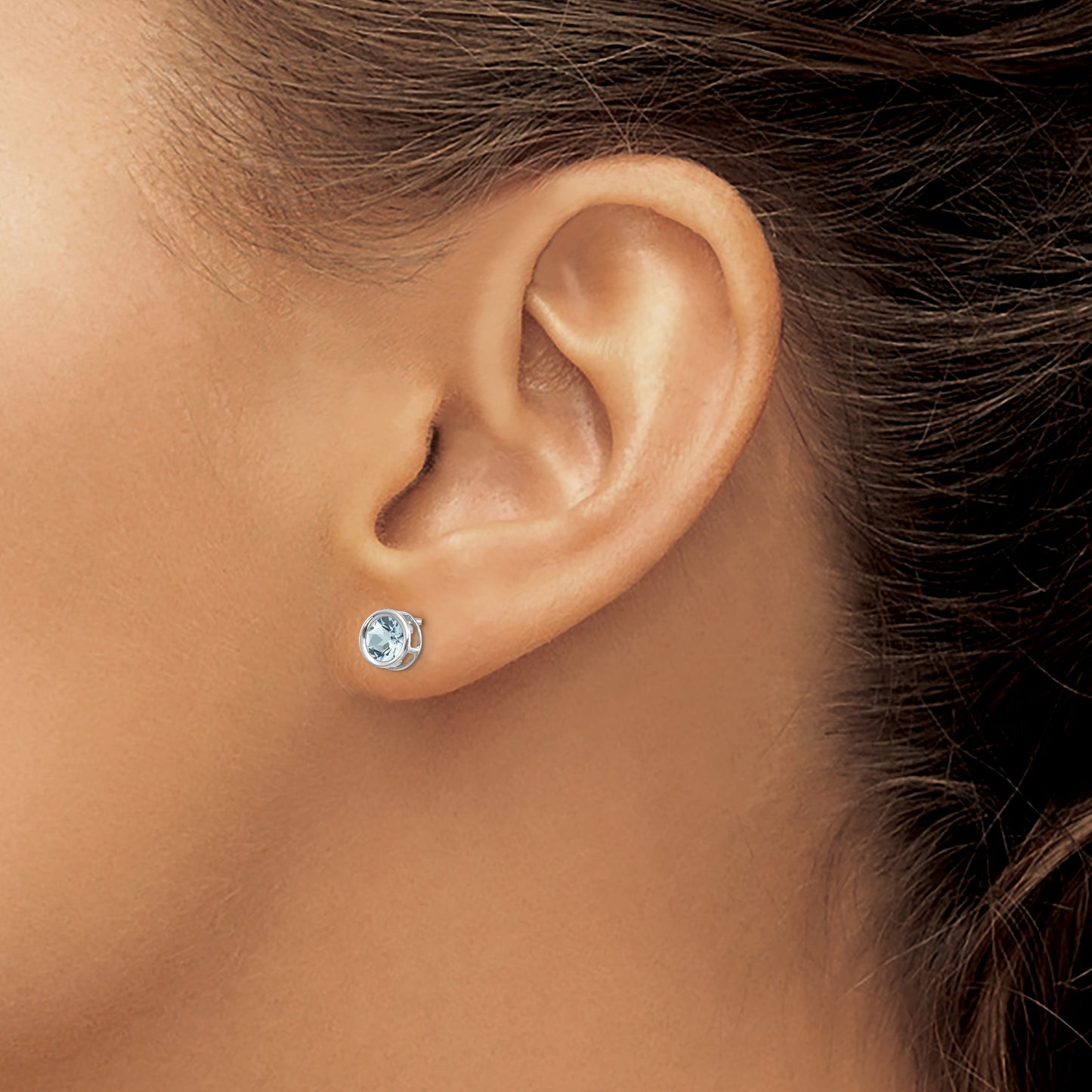 14k White Gold 5mm Round Bezel March/Aquamarine Post Earrings