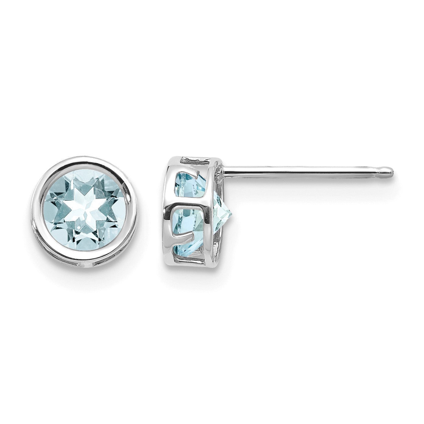 14k White Gold 5mm Round Bezel March/Aquamarine Post Earrings