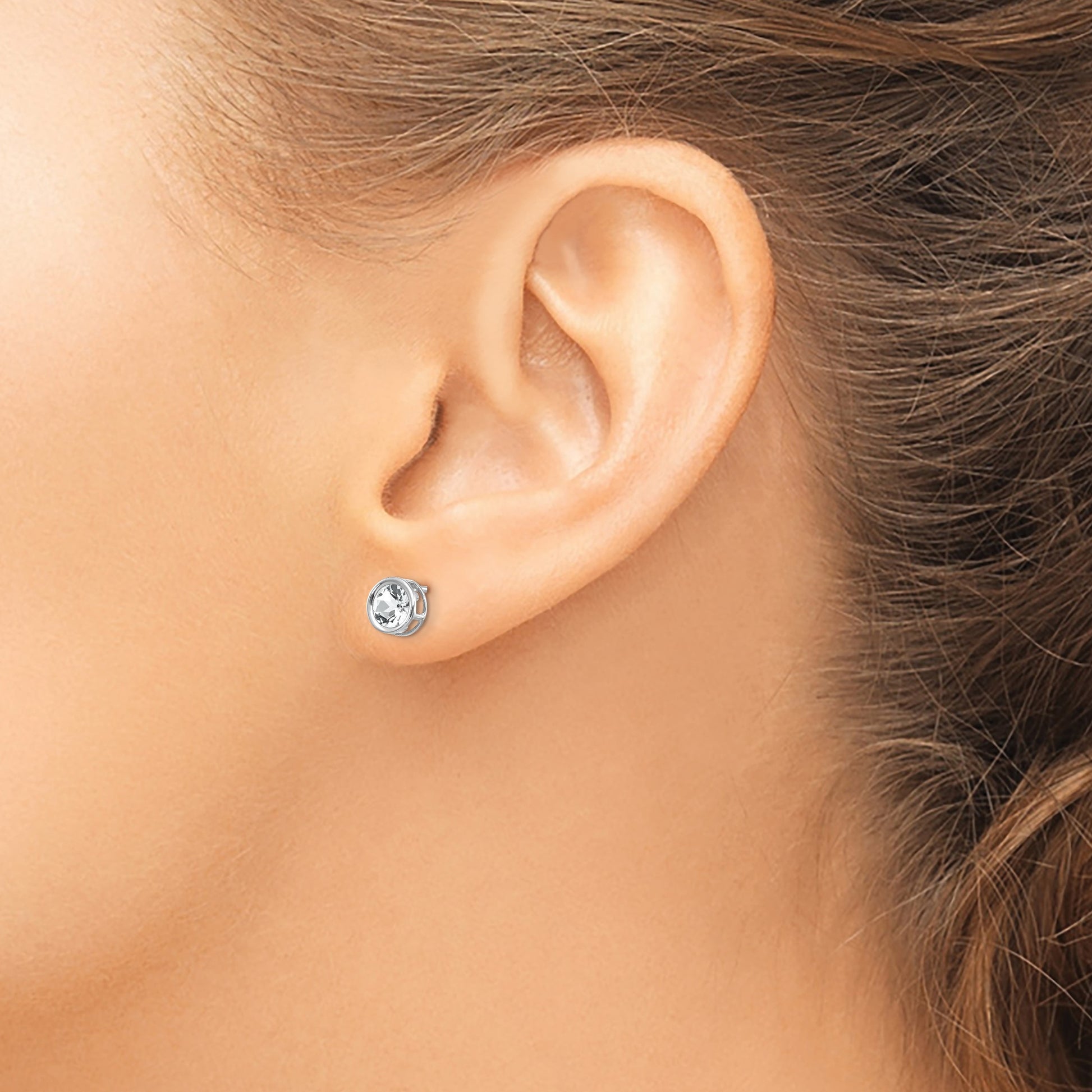 14k White Gold 5mm Round Bezel April/White Topaz Post Earrings